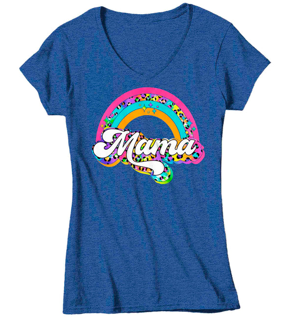 Women's V-Neck Retro Mama Shirt Rainbow Mom T Shirt Vintage Leopard Print TShirt Mother's Day Mama Tee Ladies V-Neck Soft Cotton Gift Idea-Shirts By Sarah