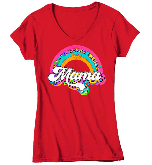 Women's V-Neck Retro Mama Shirt Rainbow Mom T Shirt Vintage Leopard Print TShirt Mother's Day Mama Tee Ladies V-Neck Soft Cotton Gift Idea-Shirts By Sarah