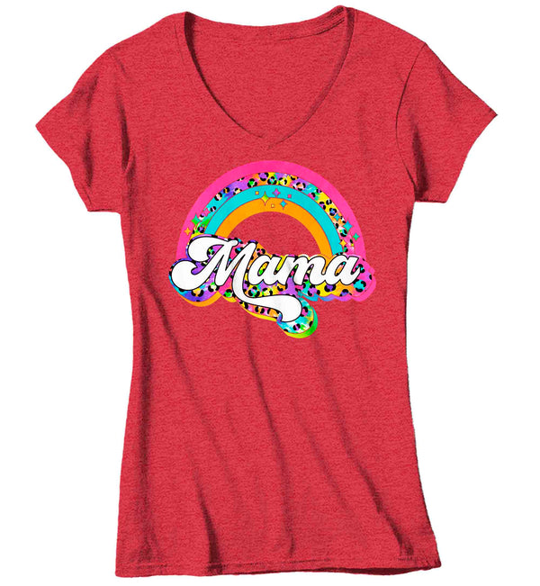 Women's V-Neck Retro Mama Shirt Rainbow Mom T Shirt Vintage Leopard Print TShirt Mother's Day Mama Tee Ladies V-Neck Soft Cotton Gift Idea-Shirts By Sarah