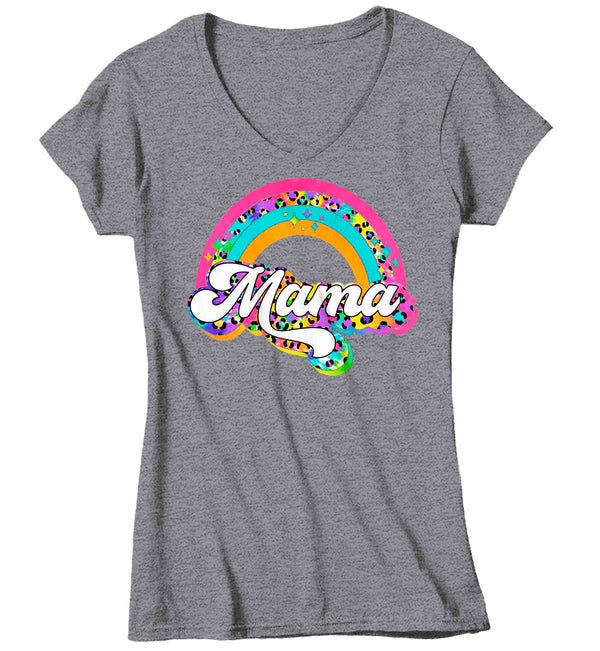 Women's V-Neck Retro Mama Shirt Rainbow Mom T Shirt Vintage Leopard Print TShirt Mother's Day Mama Tee Ladies V-Neck Soft Cotton Gift Idea-Shirts By Sarah