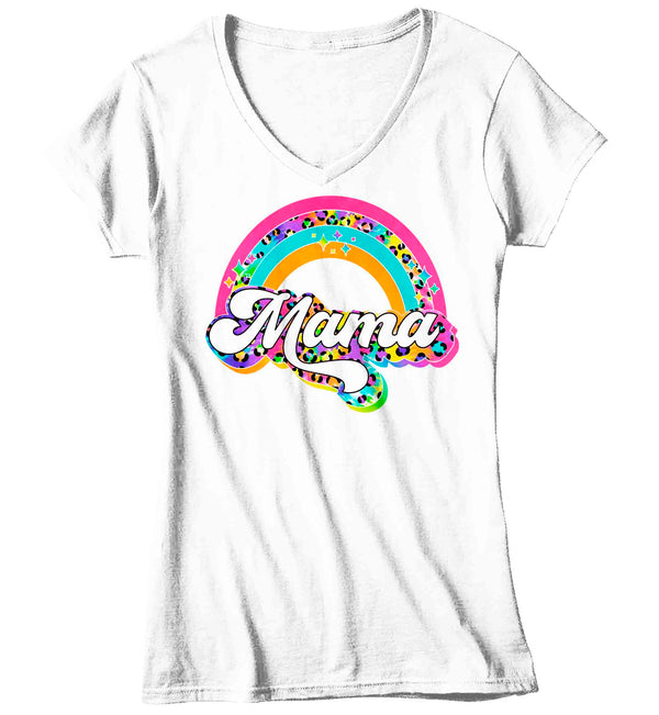 Women's V-Neck Retro Mama Shirt Rainbow Mom T Shirt Vintage Leopard Print TShirt Mother's Day Mama Tee Ladies V-Neck Soft Cotton Gift Idea-Shirts By Sarah