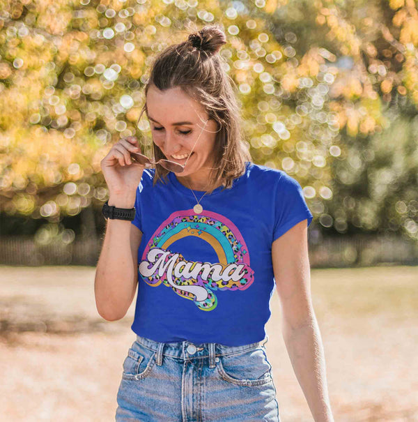 Women's Retro Mama Shirt Rainbow Mom T Shirt Vintage Leopard Print TShirt Mother's Day Mama Tee Ladies V-Neck Soft Cotton Gift Idea-Shirts By Sarah