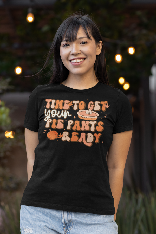 Women's Funny Thanksgiving Shirt Retro Shirt Time To Get Pie Pants Ready Tee Vintage Pumpkin Holiday Funny Graphic Tshirt Ladies-Shirts By Sarah