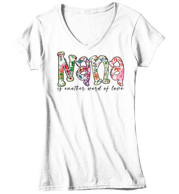 Women's V-Neck Nana Shirt Cute Great Grandma T Shirt Word Of Love Baby Reveal Family Theme TShirt Mother's Day Gift Graphic Tee Ladies-Shirts By Sarah