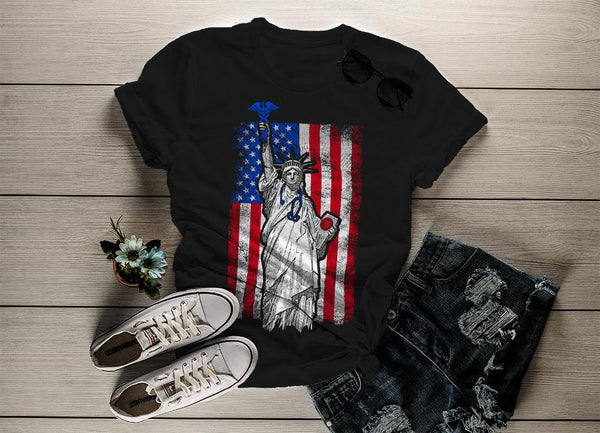Women's Patriotic Nurse T-Shirt Statue Liberty Shirt Stethoscope Caduceus Shirt-Shirts By Sarah