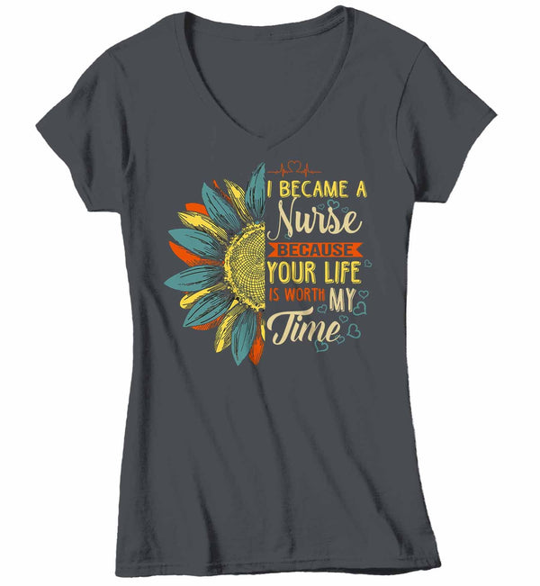 Women's V-Neck Cute Nurse T Shirt Sunflower Shirt Your Life Is Worth My Time Vintage Shirt Tee Nurse Gift Idea-Shirts By Sarah