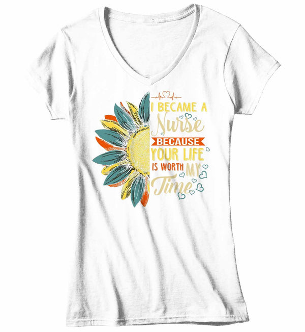 Women's V-Neck Cute Nurse T Shirt Sunflower Shirt Your Life Is Worth My Time Vintage Shirt Tee Nurse Gift Idea-Shirts By Sarah