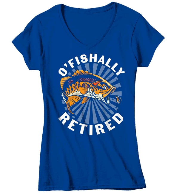 Women's V-Neck Funny Fishing T-Shirt Ofishally Retired Vintage Shirt Fisherman Gift Humor Bass Fish Ladies Woman Graphic Tee-Shirts By Sarah
