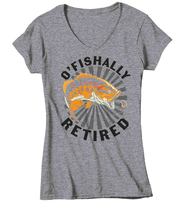 Women's V-Neck Funny Fishing T-Shirt Ofishally Retired Vintage Shirt Fisherman Gift Humor Bass Fish Ladies Woman Graphic Tee-Shirts By Sarah