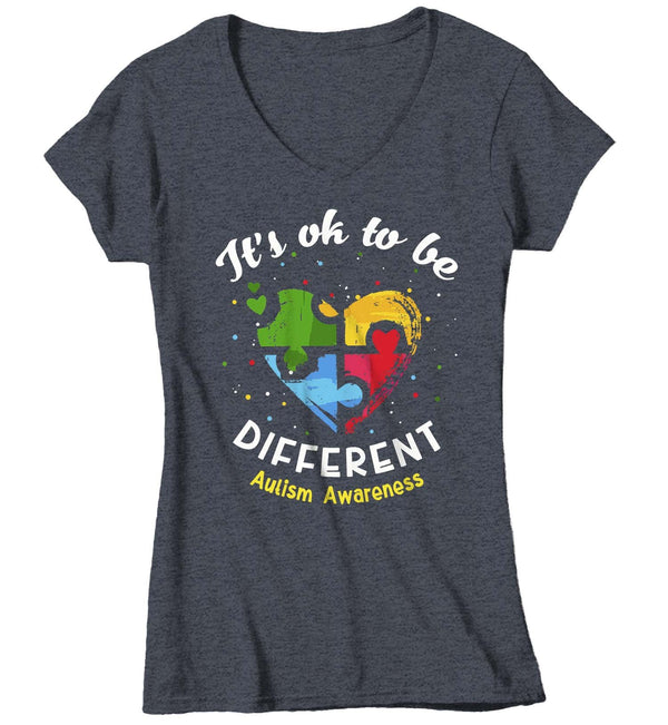 Women's V-Neck Autism T Shirt Ok To Be Different Autism Shirt Heart Autism Cute Autism Awareness Shirt-Shirts By Sarah
