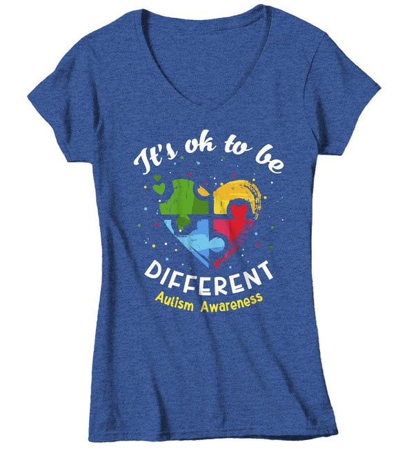Women's V-Neck Autism T Shirt Ok To Be Different Autism Shirt Heart Autism Cute Autism Awareness Shirt-Shirts By Sarah