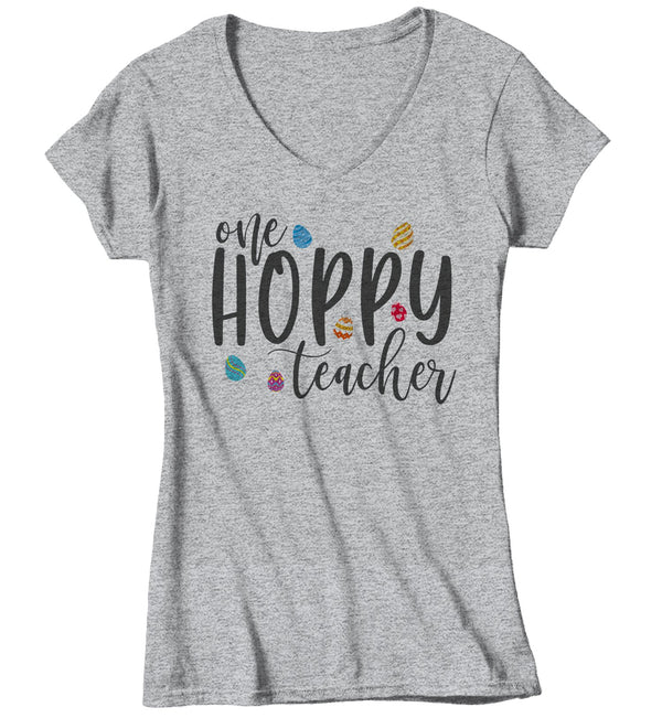 Women's Easter Teacher T-Shirt One Hoppy Teacher Shirt Teachers Shirts Cute Easter Eggs Tshirt-Shirts By Sarah