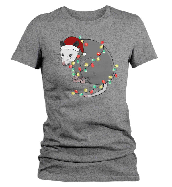 Women's Christmas Shirt Opossum XMas Lights T Shirt Marsupial Tee Tree Lights Santa Hat Possum Holiday Funny Graphic Tshirt Ladies-Shirts By Sarah