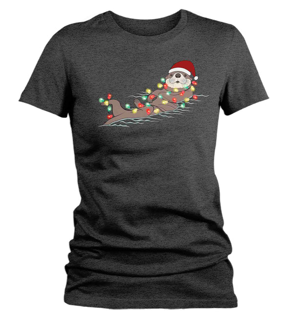 Women's Christmas Shirt Otter XMas Lights T Shirt Cute Tee Tree Lights Santa Hat Sea Otter Holiday Funny Graphic Tshirt Ladies-Shirts By Sarah