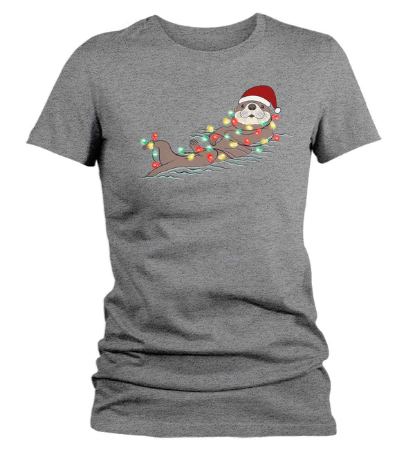 Women's Christmas Shirt Otter XMas Lights T Shirt Cute Tee Tree Lights Santa Hat Sea Otter Holiday Funny Graphic Tshirt Ladies-Shirts By Sarah