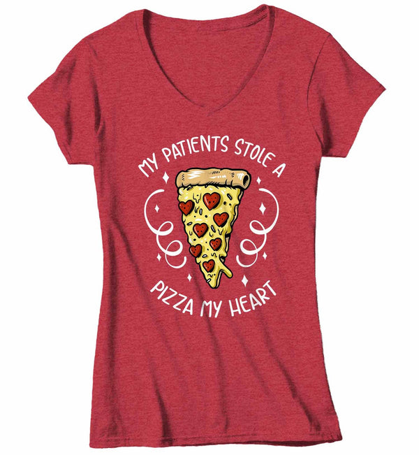 Women's V-Neck Nurse T Shirt Valentine's Day Nurse Shirts Patients Stole Pizza My Heart Valentines TShirt Cute LPN RN Tee-Shirts By Sarah