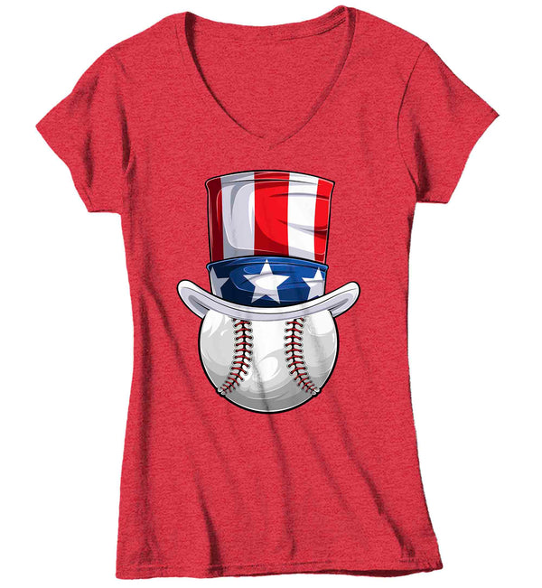 Women's V-Neck Funny 4th July T Shirt Patriotic Baseball Shirt Uncle Sam Hat USA Memorial Baseball Coach Gym Teacher TShirt Gift Tee Ladies Woman-Shirts By Sarah