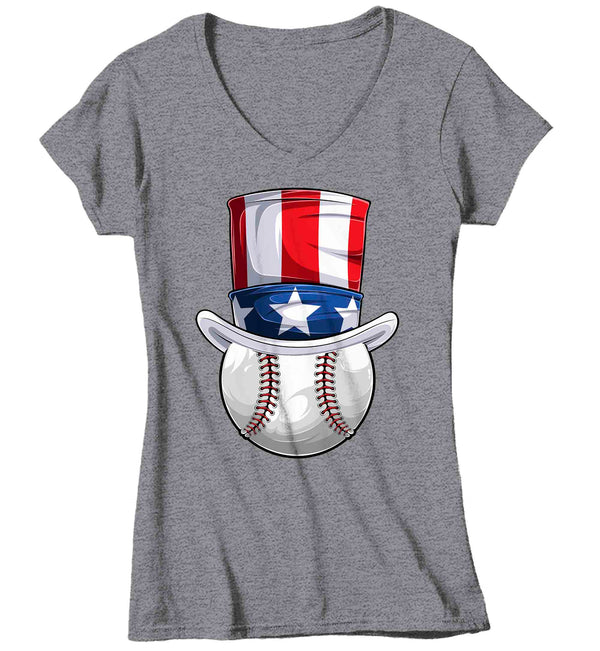 Women's V-Neck Funny 4th July T Shirt Patriotic Baseball Shirt Uncle Sam Hat USA Memorial Baseball Coach Gym Teacher TShirt Gift Tee Ladies Woman-Shirts By Sarah
