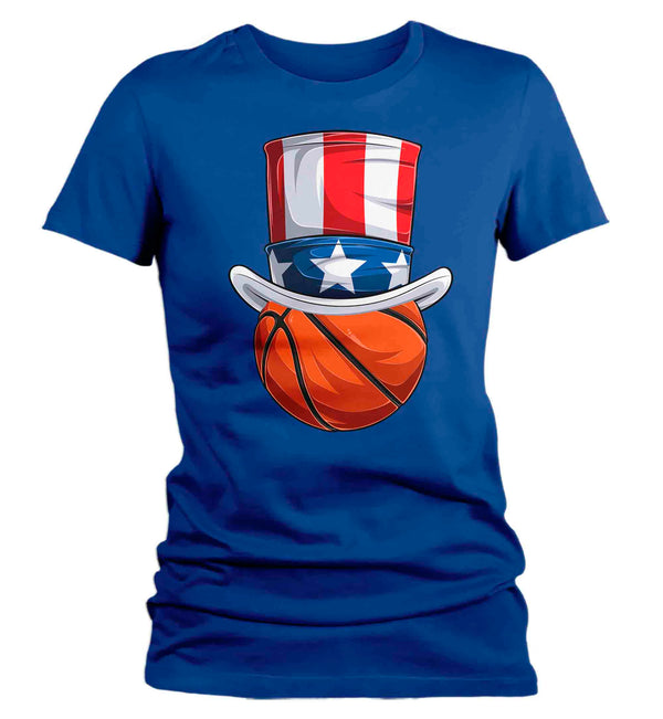 Women's Funny 4th July T Shirt Patriotic Basketball Shirt Patriot Hat USA Memorial Independence Coach Gym Teacher TShirt Gift Tee Ladies-Shirts By Sarah