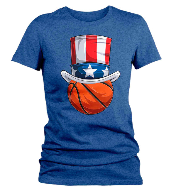 Women's Funny 4th July T Shirt Patriotic Basketball Shirt Patriot Hat USA Memorial Independence Coach Gym Teacher TShirt Gift Tee Ladies-Shirts By Sarah