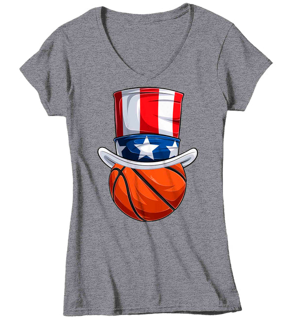 Women's V-Neck Funny 4th July T Shirt Patriotic Basketball Shirt Patriot Hat USA Memorial Independence Coach Gym Teacher TShirt Gift Tee Ladies-Shirts By Sarah