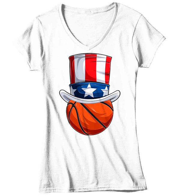 Women's V-Neck Funny 4th July T Shirt Patriotic Basketball Shirt Patriot Hat USA Memorial Independence Coach Gym Teacher TShirt Gift Tee Ladies-Shirts By Sarah