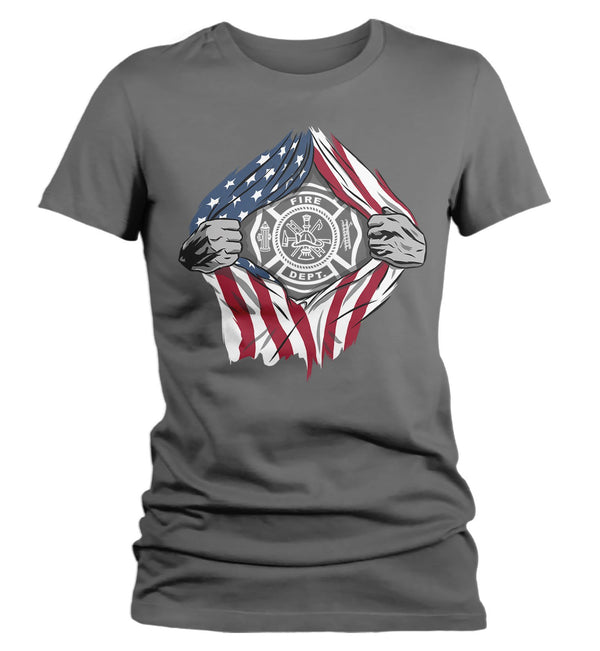 Women's Firefighter T Shirt Superhero Shirt Fireman Shirts Fire Dept. T-Shirt American Flag Shirt Patriotic Shirts-Shirts By Sarah