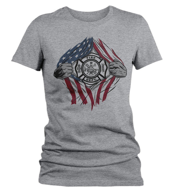 Women's Firefighter T Shirt Superhero Shirt Fireman Shirts Fire Dept. T-Shirt American Flag Shirt Patriotic Shirts-Shirts By Sarah