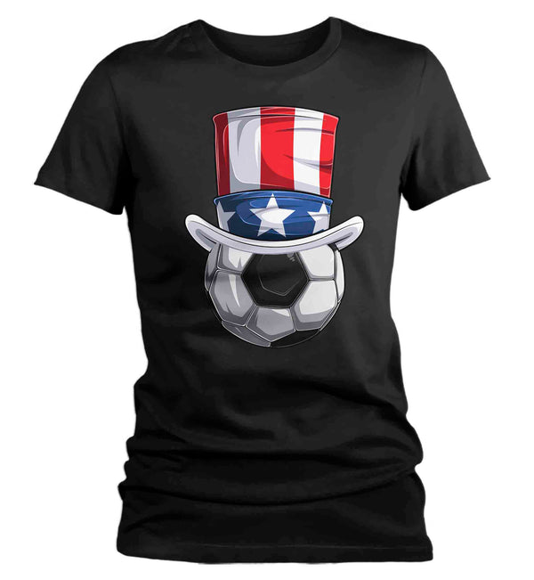 Women's Funny 4th July T Shirt Patriotic Soccer Ball Shirt Patriot Hat USA Memorial Independence Coach Gym Teacher TShirt Gift Tee Ladies-Shirts By Sarah