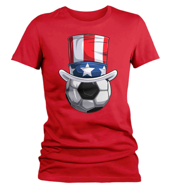Women's Funny 4th July T Shirt Patriotic Soccer Ball Shirt Patriot Hat USA Memorial Independence Coach Gym Teacher TShirt Gift Tee Ladies-Shirts By Sarah