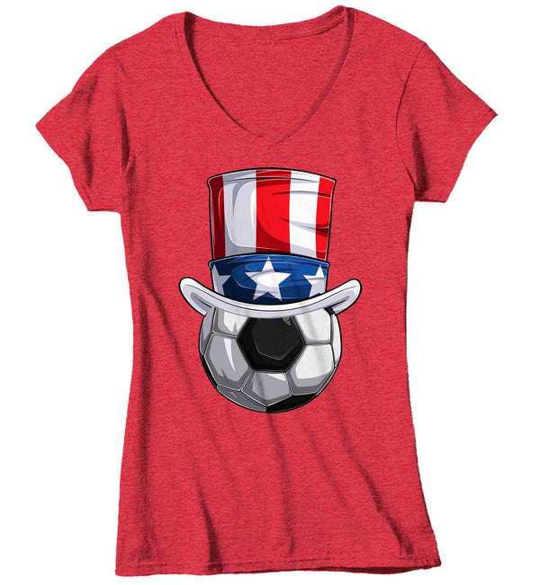 Women's V-Neck Funny 4th July T Shirt Patriotic Soccer Ball Shirt Patriot Hat USA Memorial Independence Coach Gym Teacher TShirt Gift Tee Ladies-Shirts By Sarah