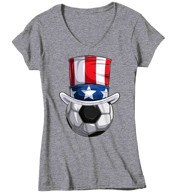 Women's V-Neck Funny 4th July T Shirt Patriotic Soccer Ball Shirt Patriot Hat USA Memorial Independence Coach Gym Teacher TShirt Gift Tee Ladies-Shirts By Sarah