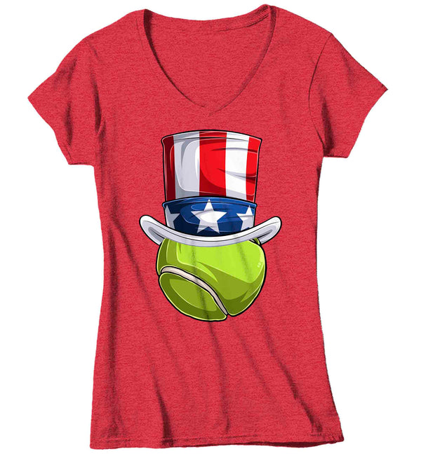 Women's V-Neck Funny 4th July T Shirt Patriotic Tennis Ball Shirt Patriot Hat USA Memorial Independence Coach Gym Teacher TShirt Gift Tee Ladies-Shirts By Sarah