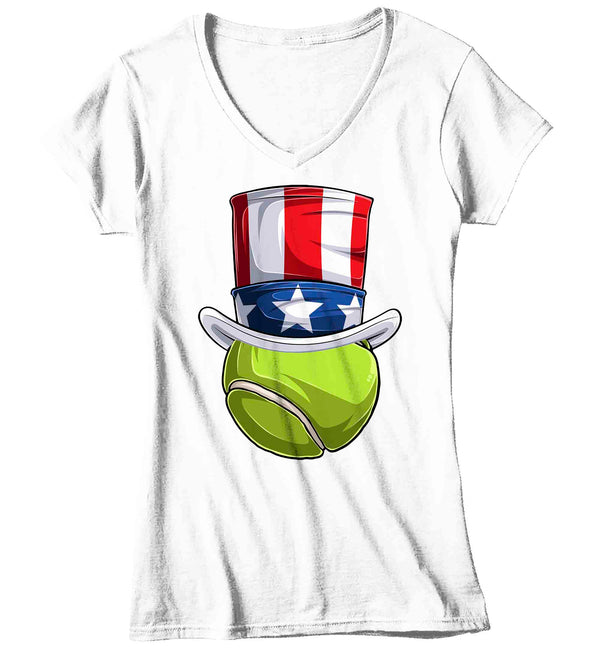 Women's V-Neck Funny 4th July T Shirt Patriotic Tennis Ball Shirt Patriot Hat USA Memorial Independence Coach Gym Teacher TShirt Gift Tee Ladies-Shirts By Sarah