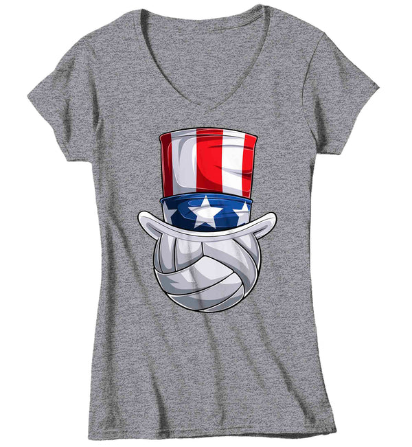 Women's V-Neck Funny 4th July T Shirt Patriotic Volleyball Shirt Patriot Hat USA Memorial Independence Coach Gym Teacher TShirt Gift Tee Ladies-Shirts By Sarah