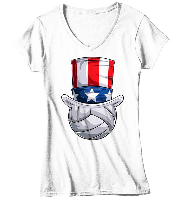 Women's V-Neck Funny 4th July T Shirt Patriotic Volleyball Shirt Patriot Hat USA Memorial Independence Coach Gym Teacher TShirt Gift Tee Ladies-Shirts By Sarah