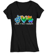 Women's V-Neck Peace Love Autism Shirt Cute Autism T Shirt Awareness Tee Puzzle Piece Shirt Support Autism Awareness Shirt Ladies V-Neck