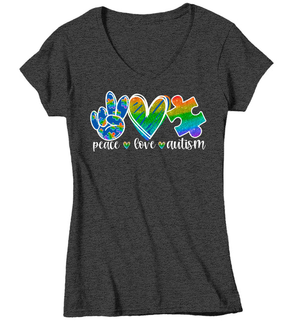 Women's V-Neck Peace Love Autism Shirt Cute Autism T Shirt Awareness Tee Puzzle Piece Shirt Support Autism Awareness Shirt Ladies V-Neck-Shirts By Sarah