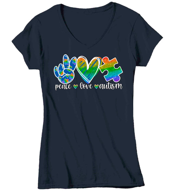 Women's V-Neck Peace Love Autism Shirt Cute Autism T Shirt Awareness Tee Puzzle Piece Shirt Support Autism Awareness Shirt Ladies V-Neck-Shirts By Sarah