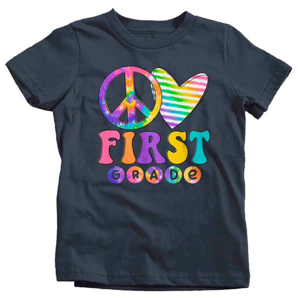 Kids 1st Grade Shirt Peace Love T Shirt Tie Dye First Grade 1 Vintage Rainbow Hippie Retro Boho Cute Tee Girl's Back To School-Shirts By Sarah