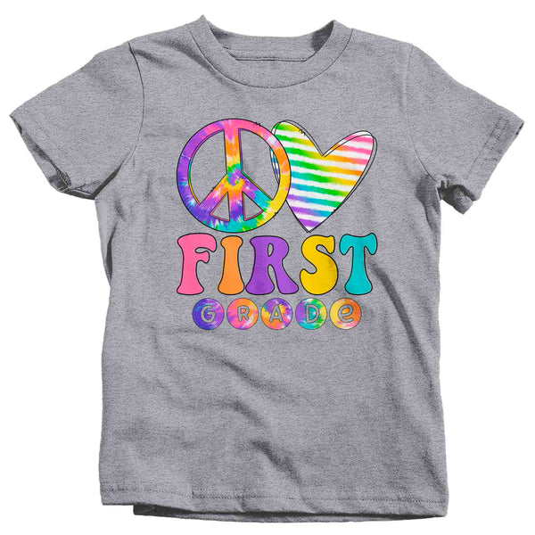 Kids 1st Grade Shirt Peace Love T Shirt Tie Dye First Grade 1 Vintage Rainbow Hippie Retro Boho Cute Tee Girl's Back To School-Shirts By Sarah