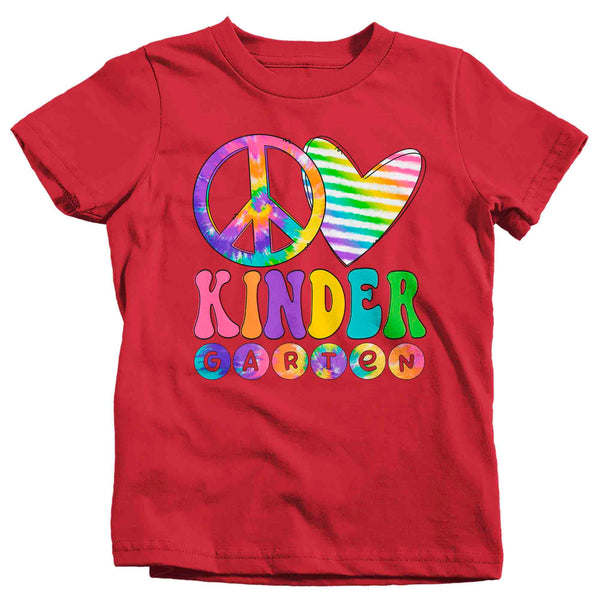 Kids Kindergarten Shirt Peace Love T Shirt Tie Dye Kinder Grade K Kindergarten Hippie Retro Boho Cute Tee Girl's Back To School-Shirts By Sarah