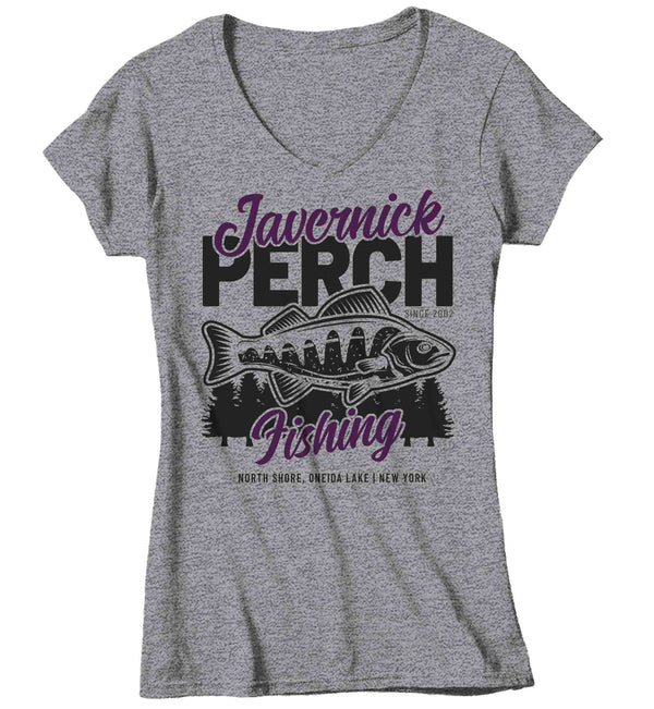 Women's V-Neck Fishing T-Shirt Fisherman Perch Fishing Tee Shirt Custom Shirts Personalized Tee Ice Fish Trip Vacation Mother's Day Gift Ladies-Shirts By Sarah