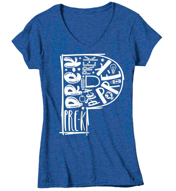 Women's V-Neck Pre-K Teacher Shirt Pre-Kindergarten Typography T Shirt Cute Back To School Shirt PreK Teacher Gift Teaching TShirts-Shirts By Sarah