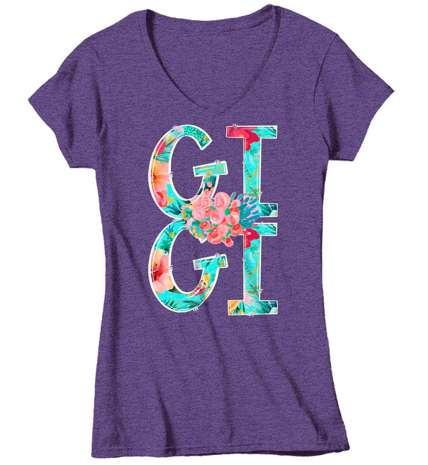 Women's V-Neck Pretty Gigi Shirt Mother's Day Gift Shirt For Gigi Floral Boho Grandma Gift Tee Gift For Gigi Flowers Ladies V-Neck-Shirts By Sarah
