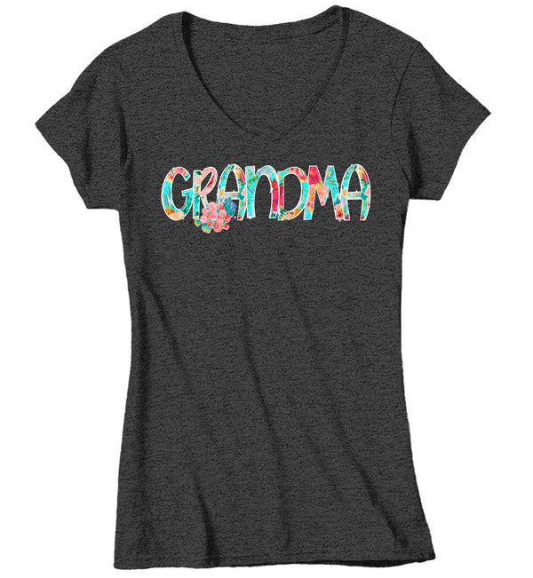 Women's V-Neck Pretty Grandma Shirt Mother's Day Gift Shirt For Grandma Floral Boho Grandma Gift Tee Gift For Grandma Flowers Ladies V-Neck-Shirts By Sarah