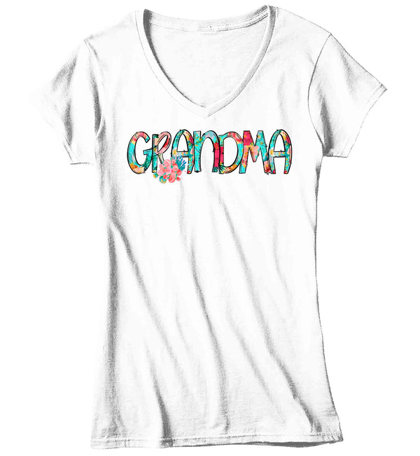 Women's V-Neck Pretty Grandma Shirt Mother's Day Gift Shirt For Grandma Floral Boho Grandma Gift Tee Gift For Grandma Flowers Ladies V-Neck-Shirts By Sarah