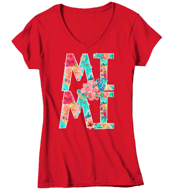 Women's V-Neck Pretty Mimi Shirt Mother's Day Gift Shirt For Mimi Floral Boho Grandma gift Tee Gift For Mimi Flowers Ladies V-Neck-Shirts By Sarah