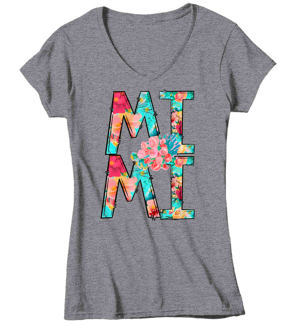 Women's V-Neck Pretty Mimi Shirt Mother's Day Gift Shirt For Mimi Floral Boho Grandma gift Tee Gift For Mimi Flowers Ladies V-Neck-Shirts By Sarah
