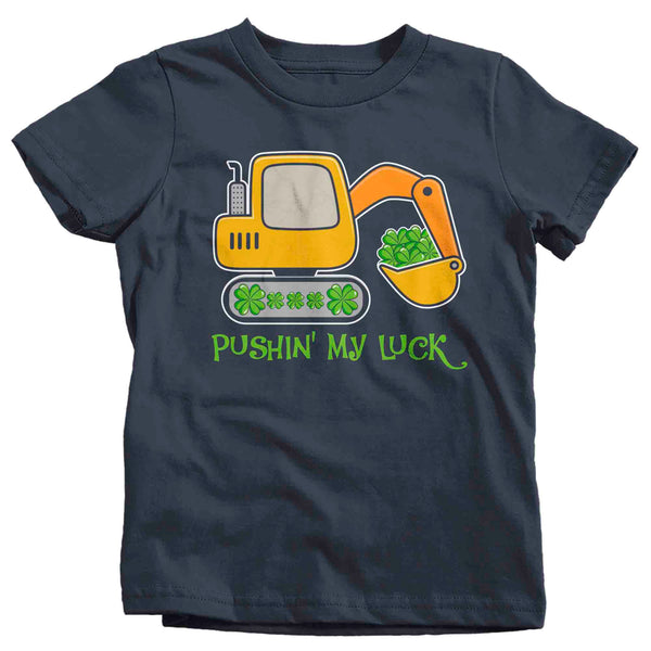 Kids Funny St. Patrick's Pushin My Luck T Shirt Backhoe Truck Clover Lucky 4 Leaf Gift Saint Patricks Irish Cute Boy's Girl's Toddler Tee-Shirts By Sarah